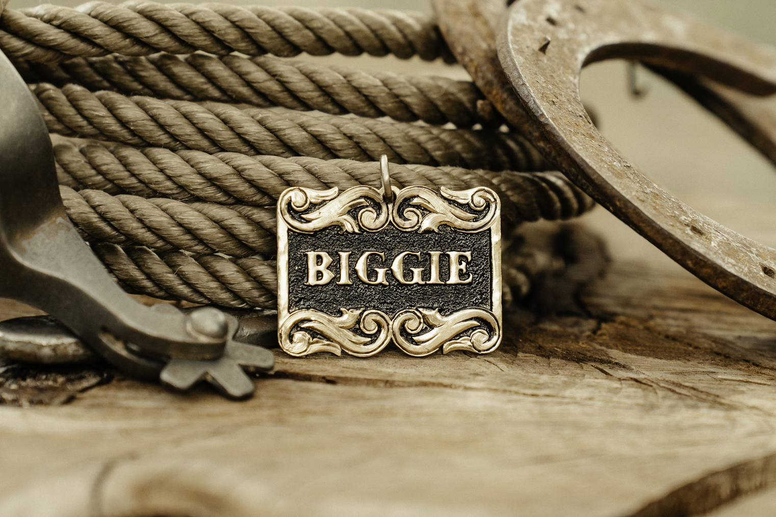 A dog tag with customizable name in a table with western themed decoration